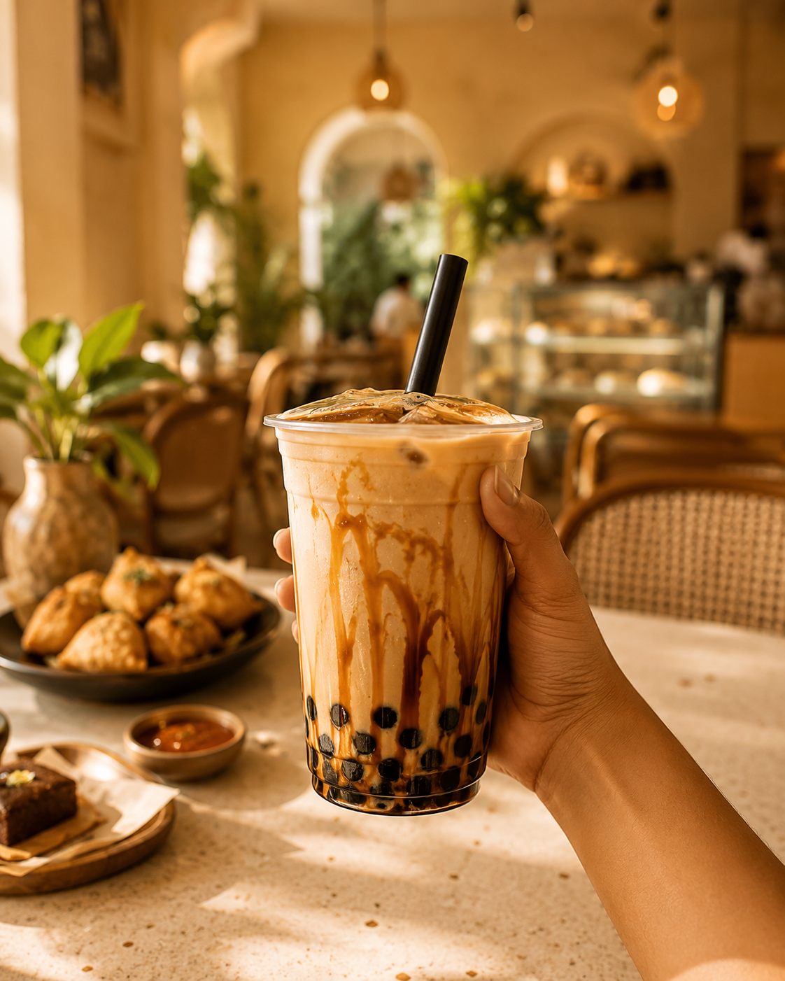Hand holding a brown sugar boba in the cafe