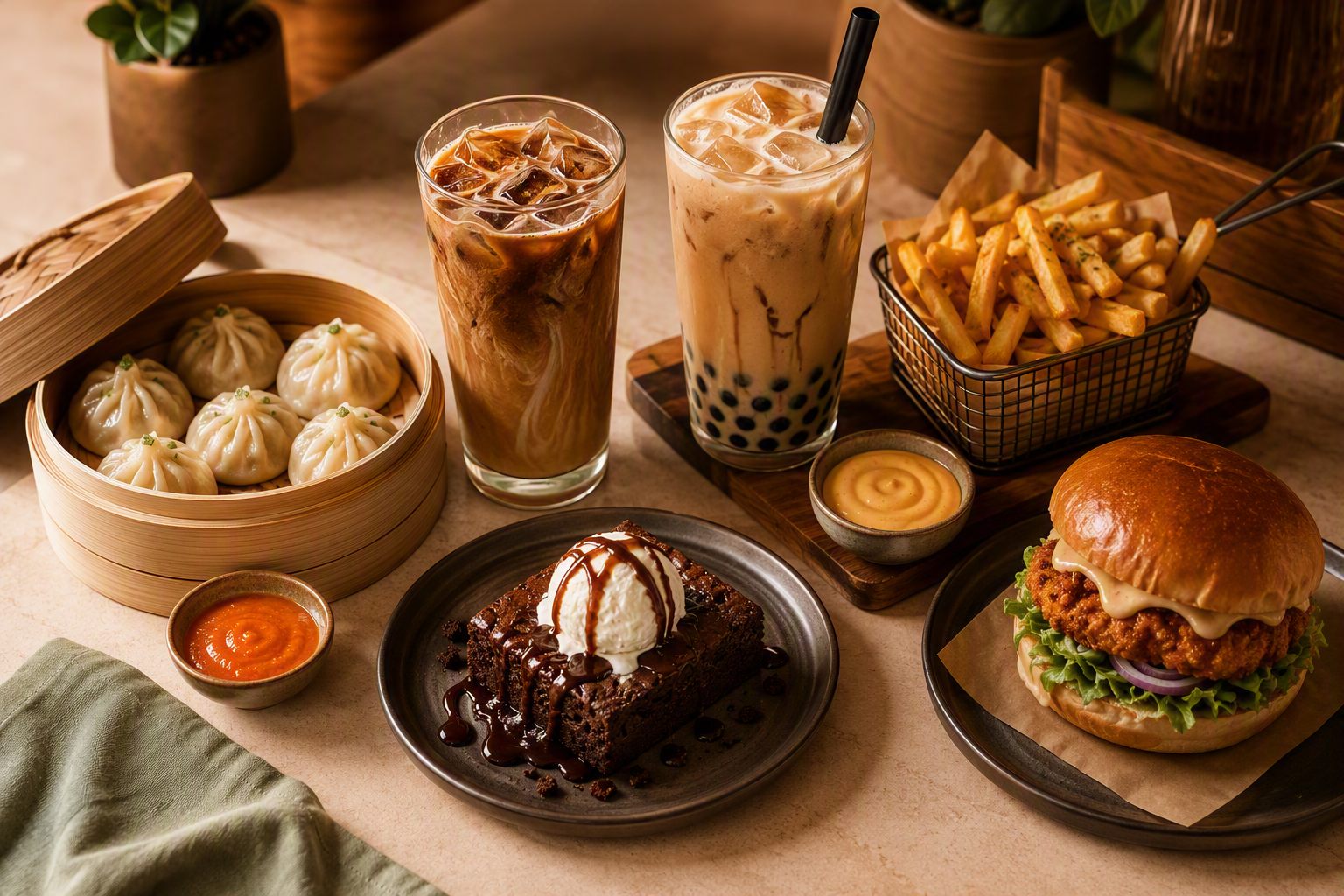 A spread of momos, coffee, boba, fries, burger and brownie