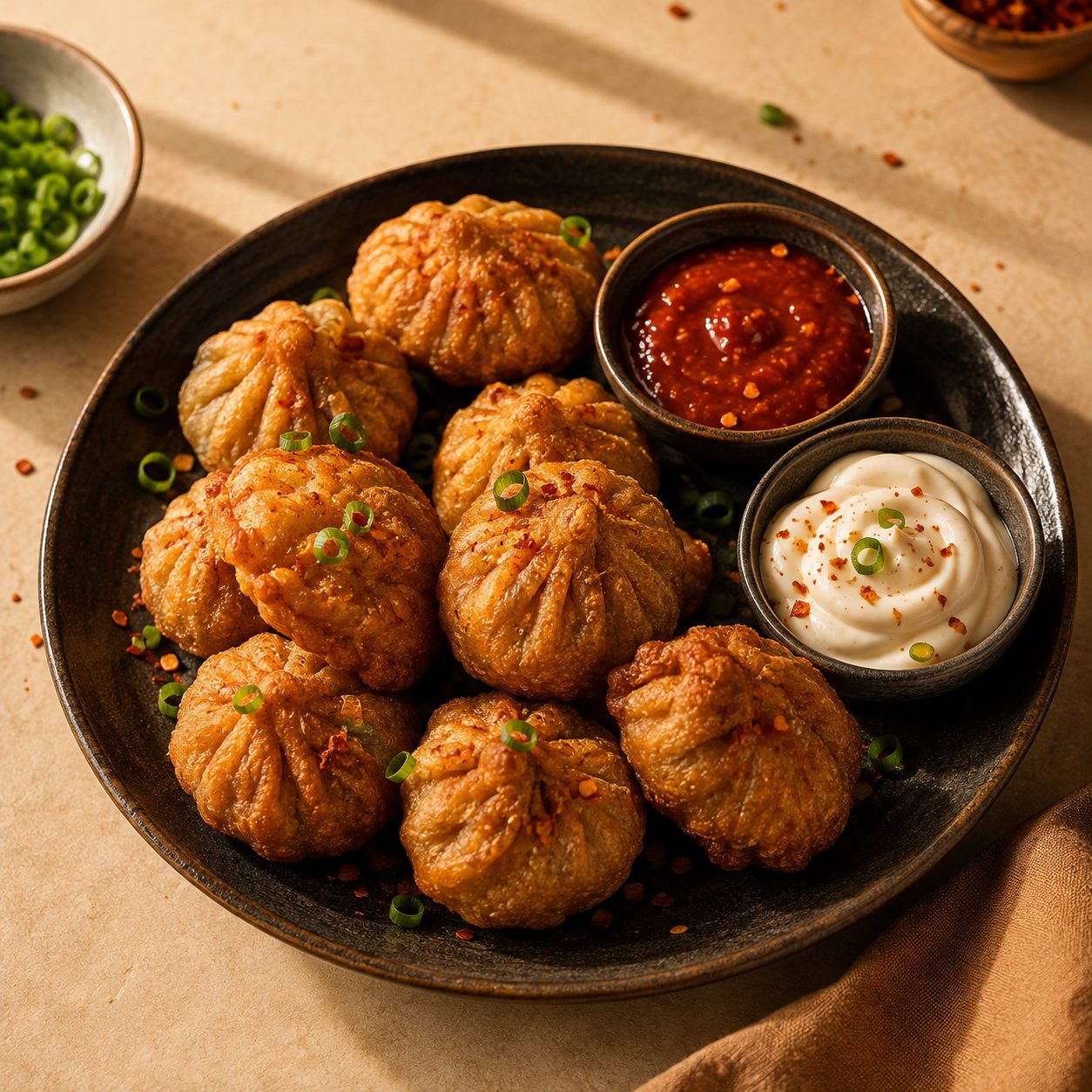 Fried chicken momos with dip