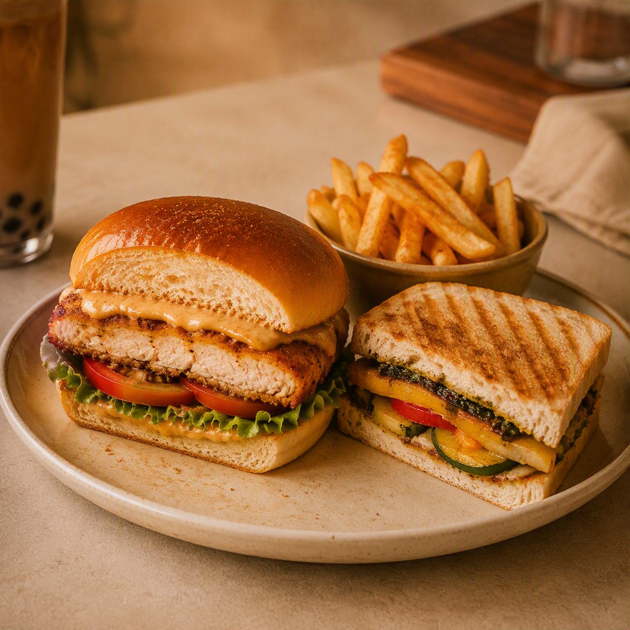 Chicken burger, grilled sandwich and fries