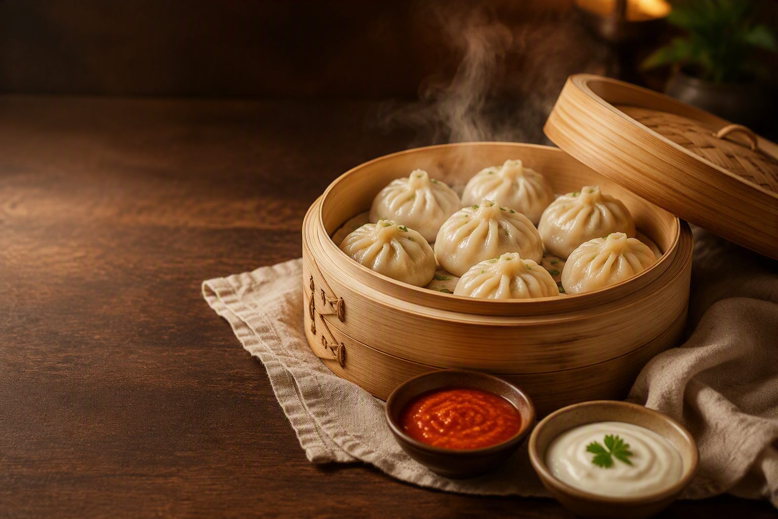 Steamed momos with dips